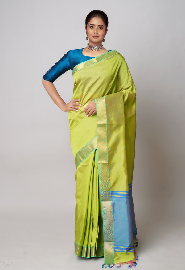 Parrot Green  Plain Mangalagiri Soft Silk Saree-UNM73635