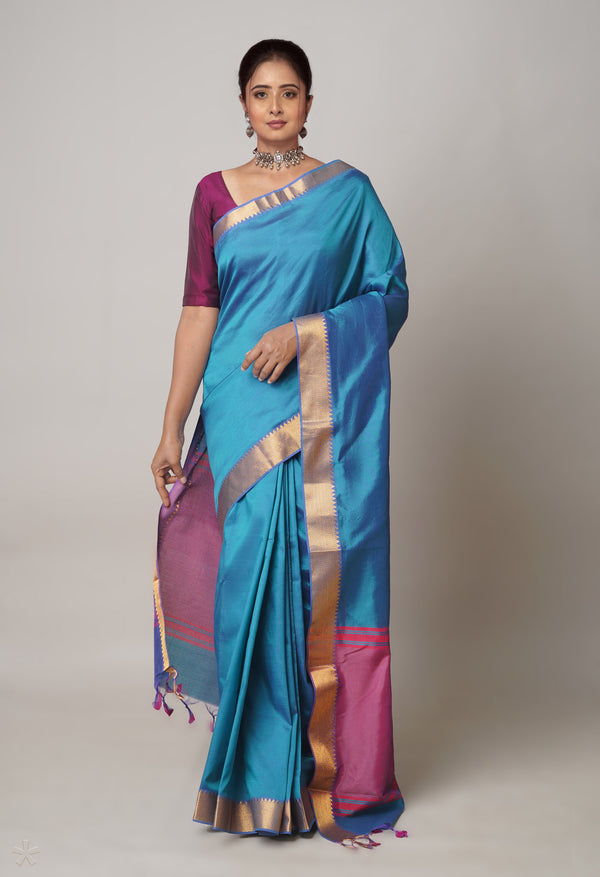 Peacock Blue  Plain Mangalagiri Soft Silk Saree-UNM73636