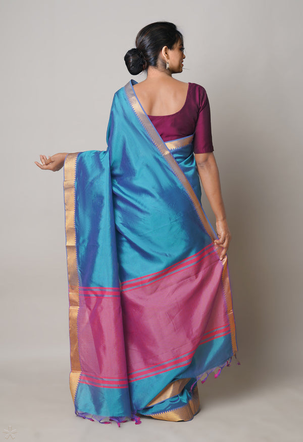 Peacock Blue  Plain Mangalagiri Soft Silk Saree-UNM73636