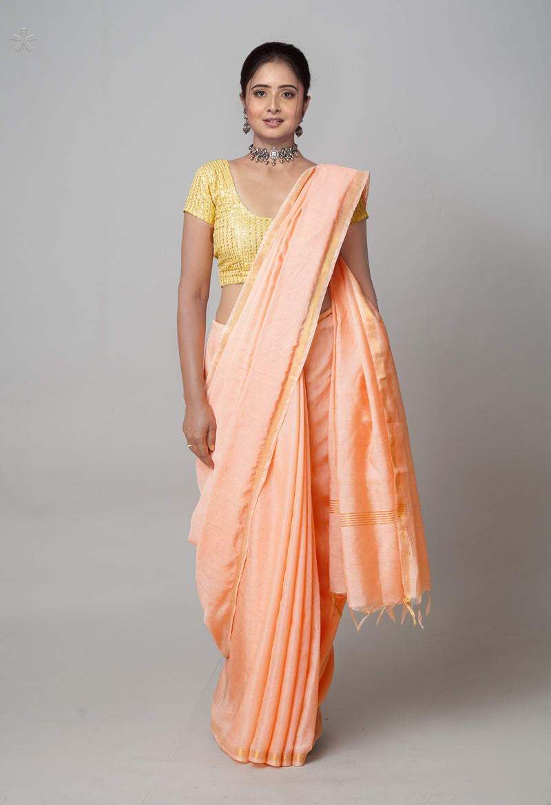 Peach Orange  Plain Chanderi Sico Saree-UNM73649
