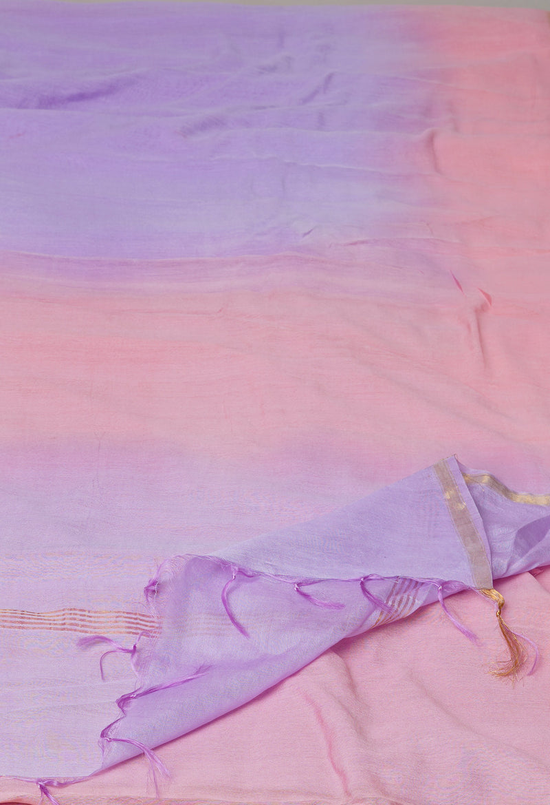 Peach Pink-Lavender Plain Chanderi Sico Saree-UNM73660