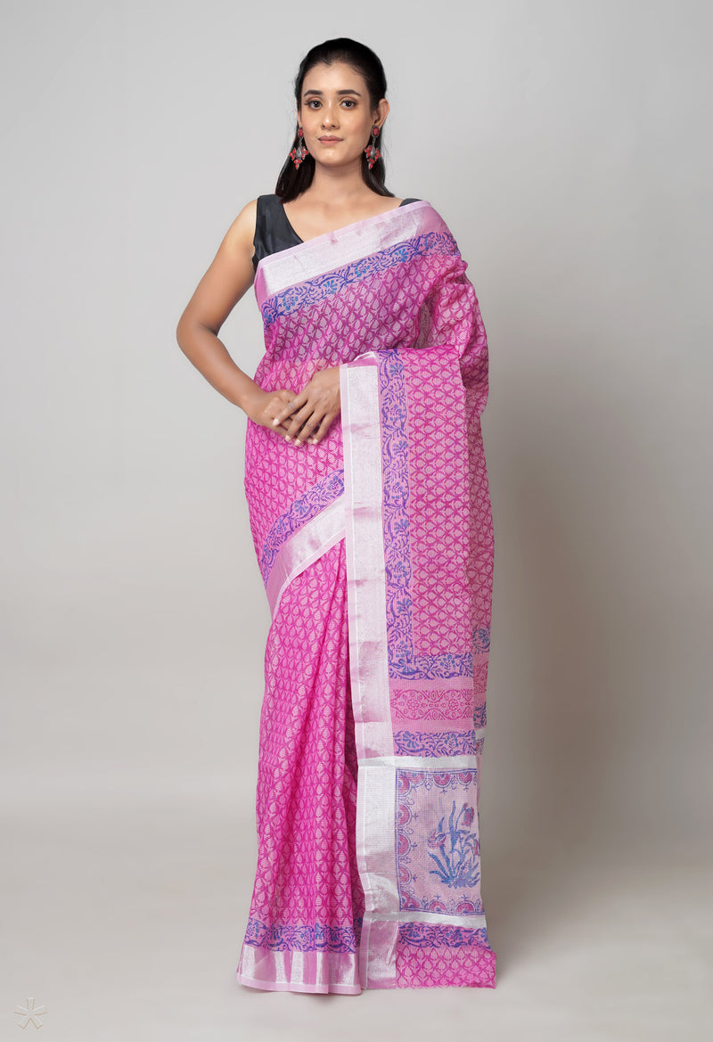 Pink Pure  Block Printed Kota Cotton Saree-UNM73665