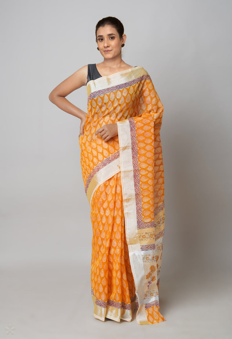 Orange Pure  Block Printed Kota Cotton Saree-UNM73670
