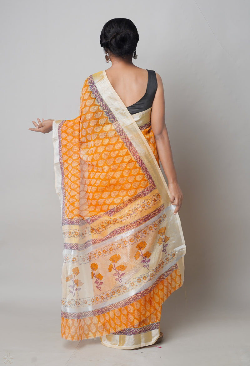 Orange Pure  Block Printed Kota Cotton Saree-UNM73670