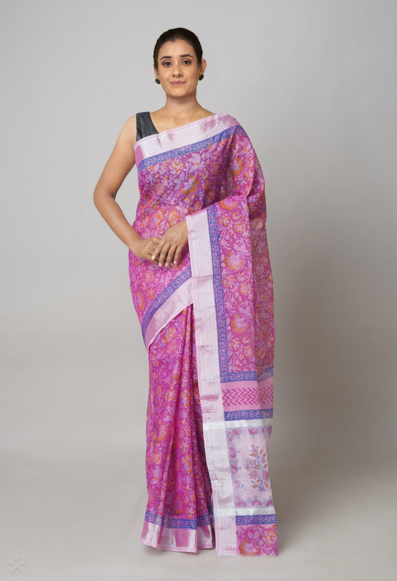 Pink Pure  Block Printed Kota Cotton Saree-UNM73671