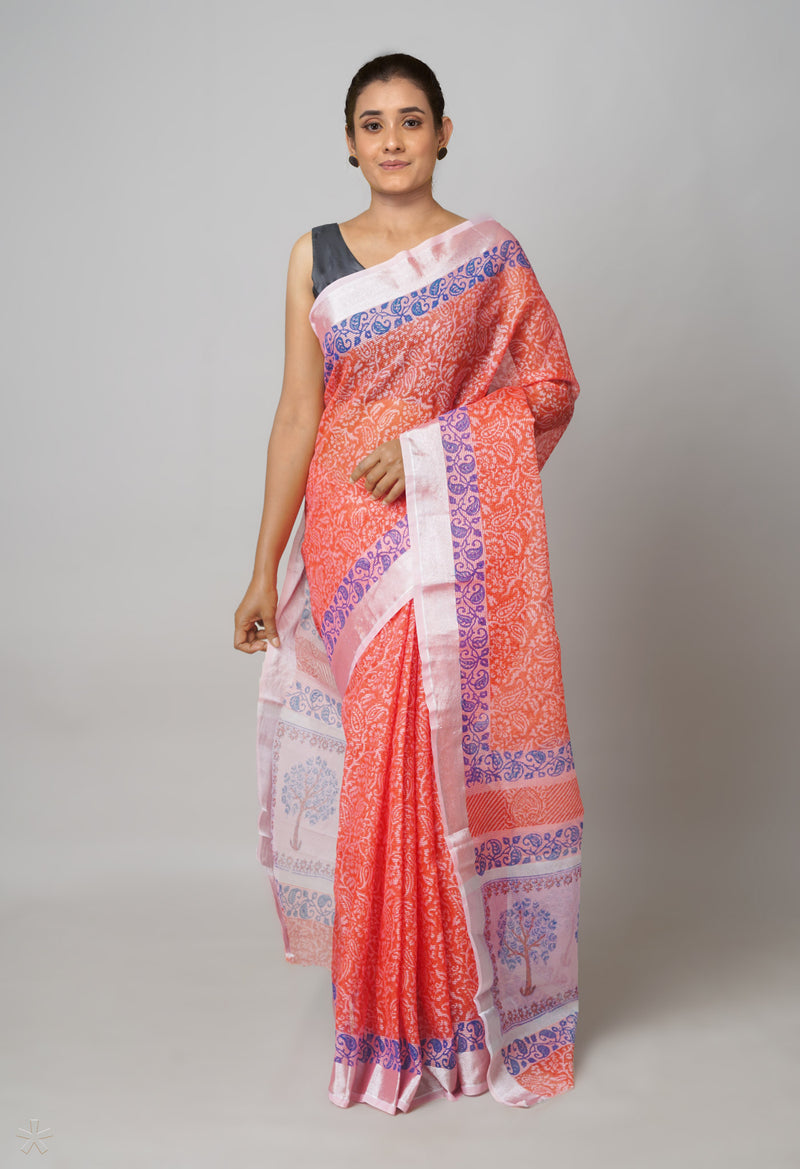 Rust Orange Pure  Block Printed Kota Cotton Saree-UNM73675