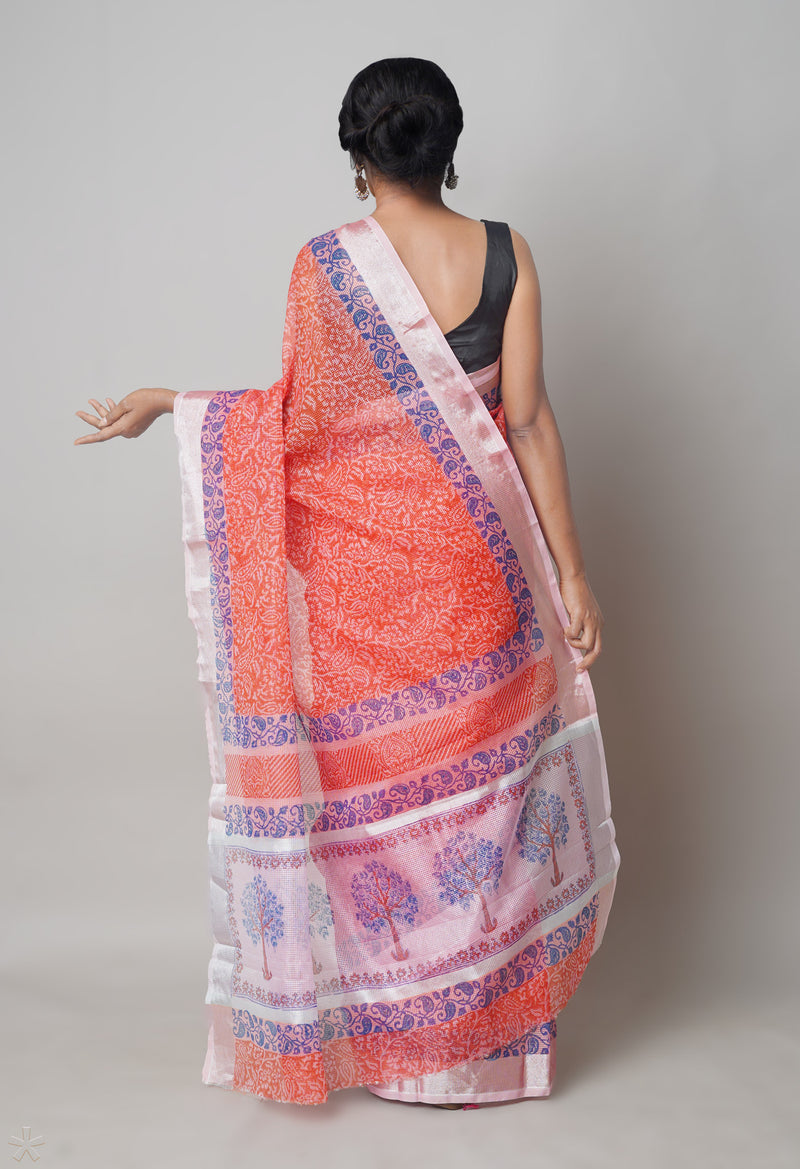 Rust Orange Pure  Block Printed Kota Cotton Saree-UNM73675