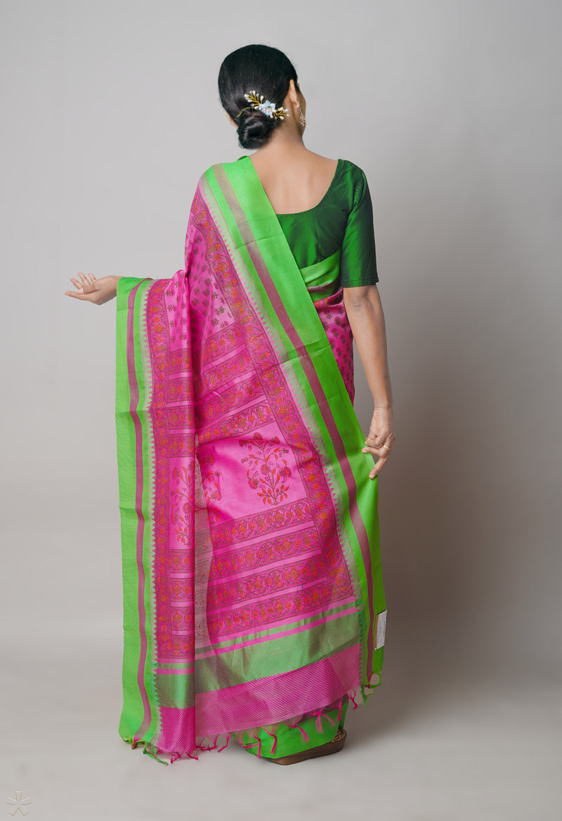Pink  Dyed Printed Chanderi Sico Saree-UNM73689