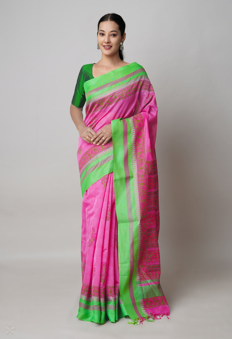 Pink  Dyed Printed Chanderi Sico Saree-UNM73691