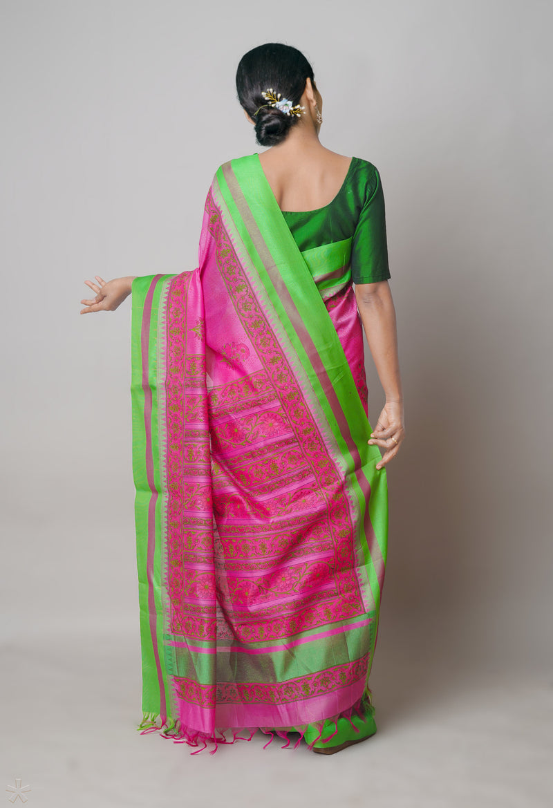 Pink  Dyed Printed Chanderi Sico Saree-UNM73691