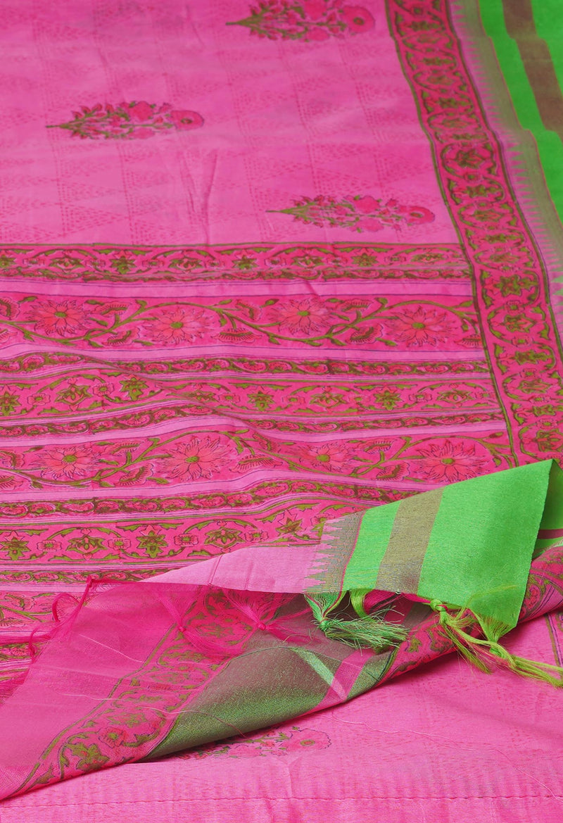 Pink  Dyed Printed Chanderi Sico Saree-UNM73691