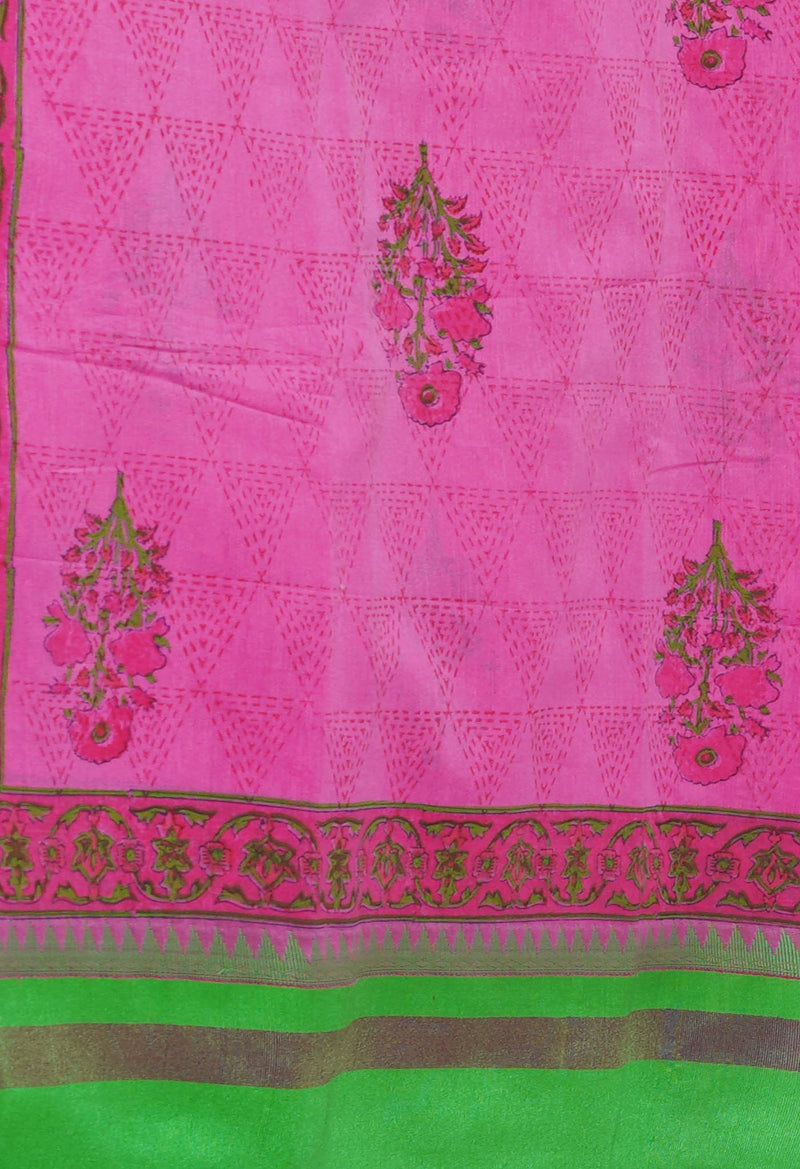 Pink  Dyed Printed Chanderi Sico Saree-UNM73691