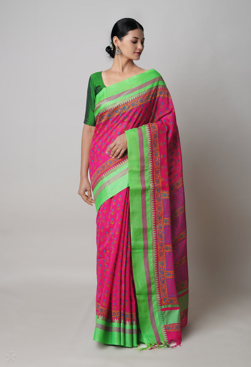 Pink  Dyed Printed Chanderi Sico Saree-UNM73693