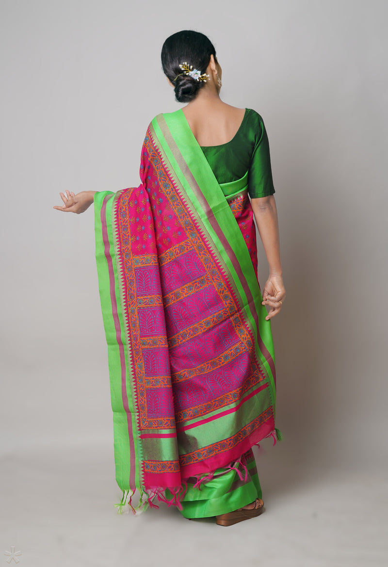 Pink  Dyed Printed Chanderi Sico Saree-UNM73693