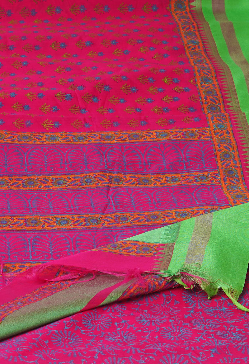Pink  Dyed Printed Chanderi Sico Saree-UNM73693