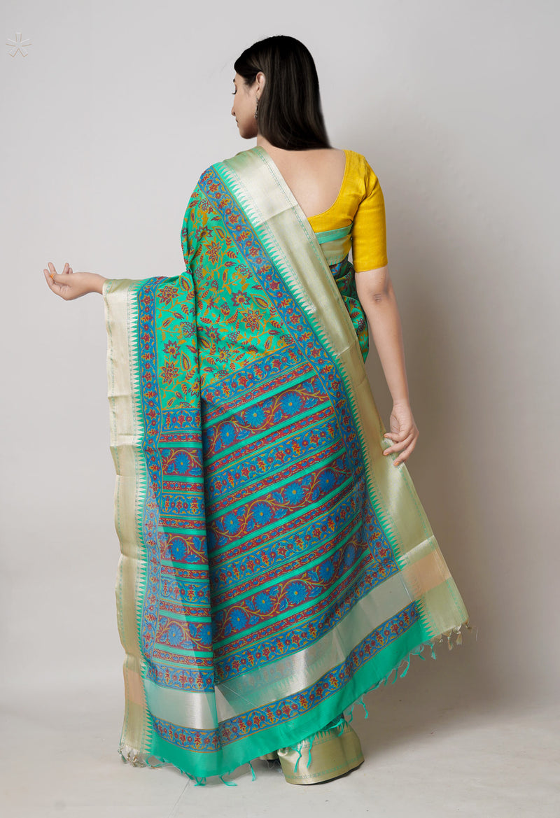 Green  Dyed Printed Chanderi Sico Saree-UNM73694