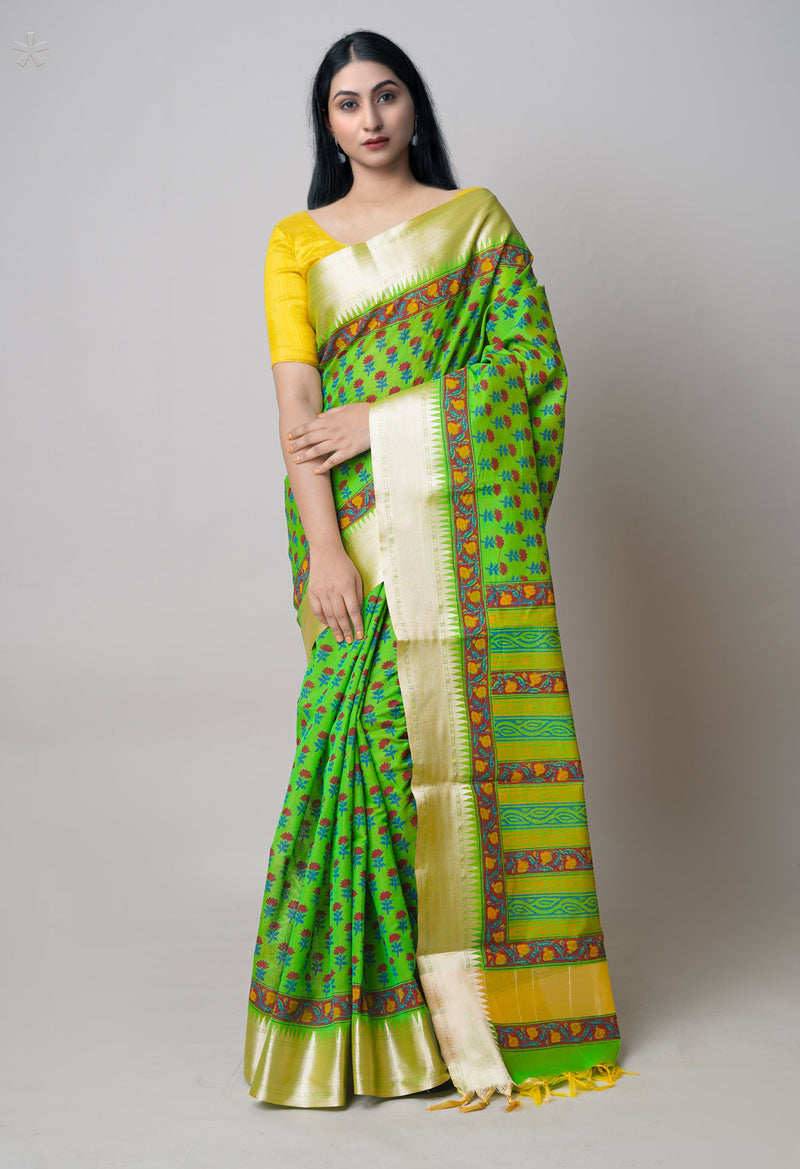 Green  Dyed Printed Chanderi Sico Saree-UNM73696
