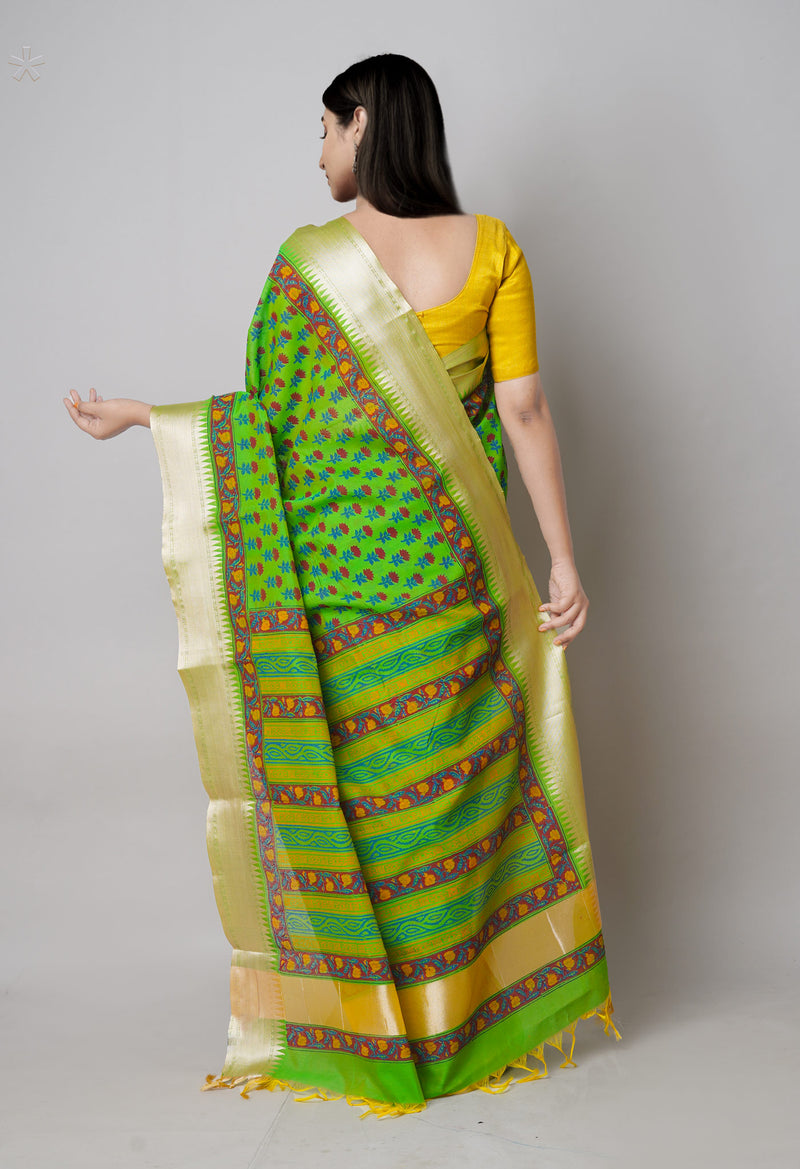Green  Dyed Printed Chanderi Sico Saree-UNM73696
