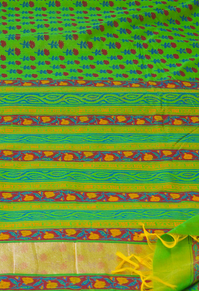 Green  Dyed Printed Chanderi Sico Saree-UNM73696
