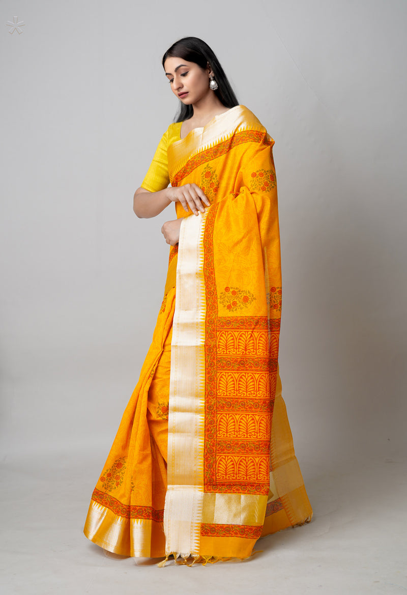 Yellow  Dyed Printed Chanderi Sico Saree-UNM73698
