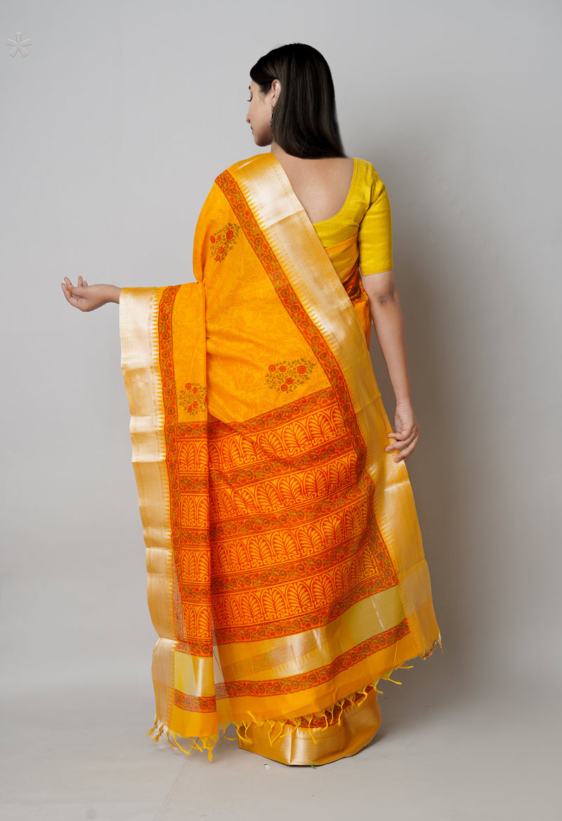 Yellow  Dyed Printed Chanderi Sico Saree-UNM73698