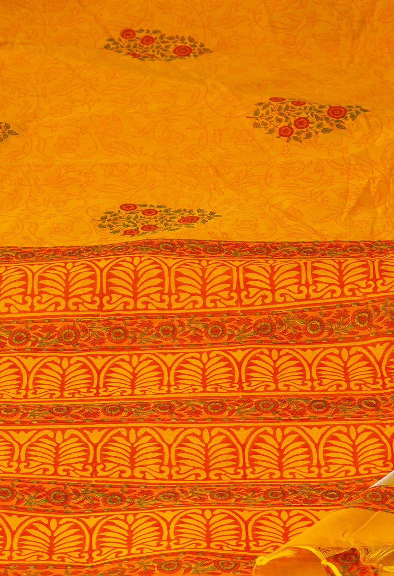 Yellow  Dyed Printed Chanderi Sico Saree-UNM73698