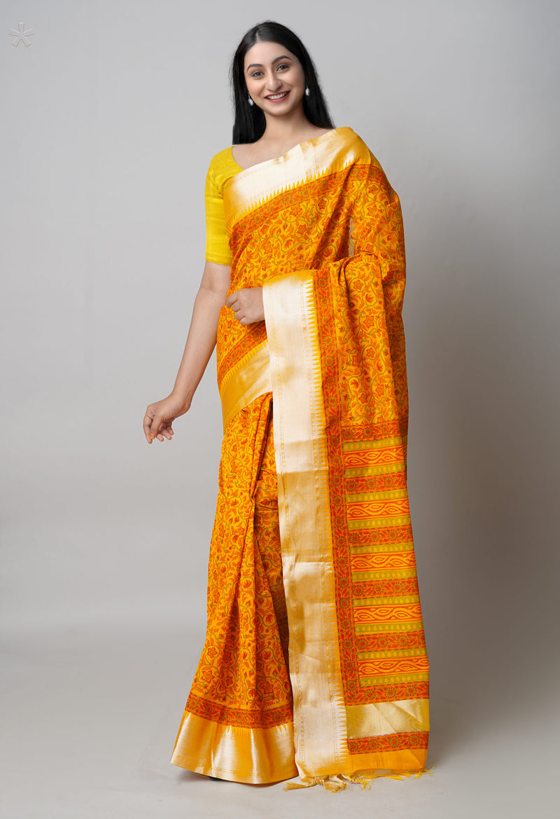 Yellow  Dyed Printed Chanderi Sico Saree-UNM73701