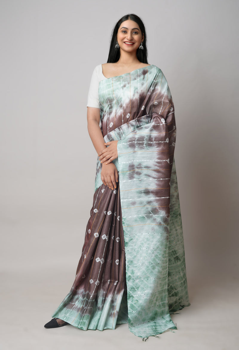 Brown-Green  Tie And Dye Shibori Sico Saree-UNM73710