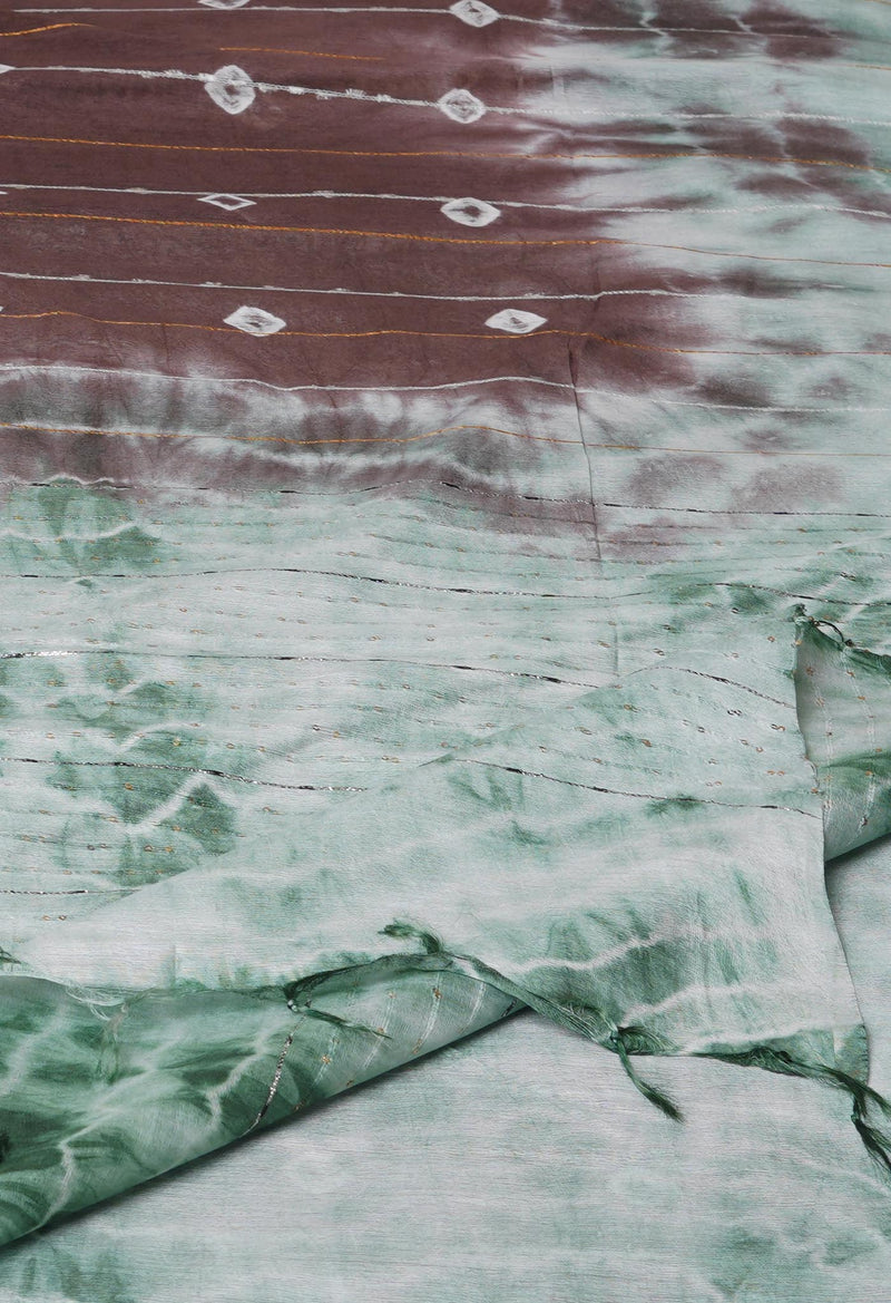 Brown-Green  Tie And Dye Shibori Sico Saree-UNM73710