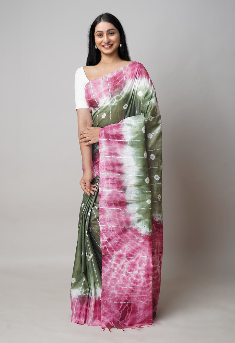 Olive Green-Multi  Tie And Dye Shibori Sico Saree-UNM73711
