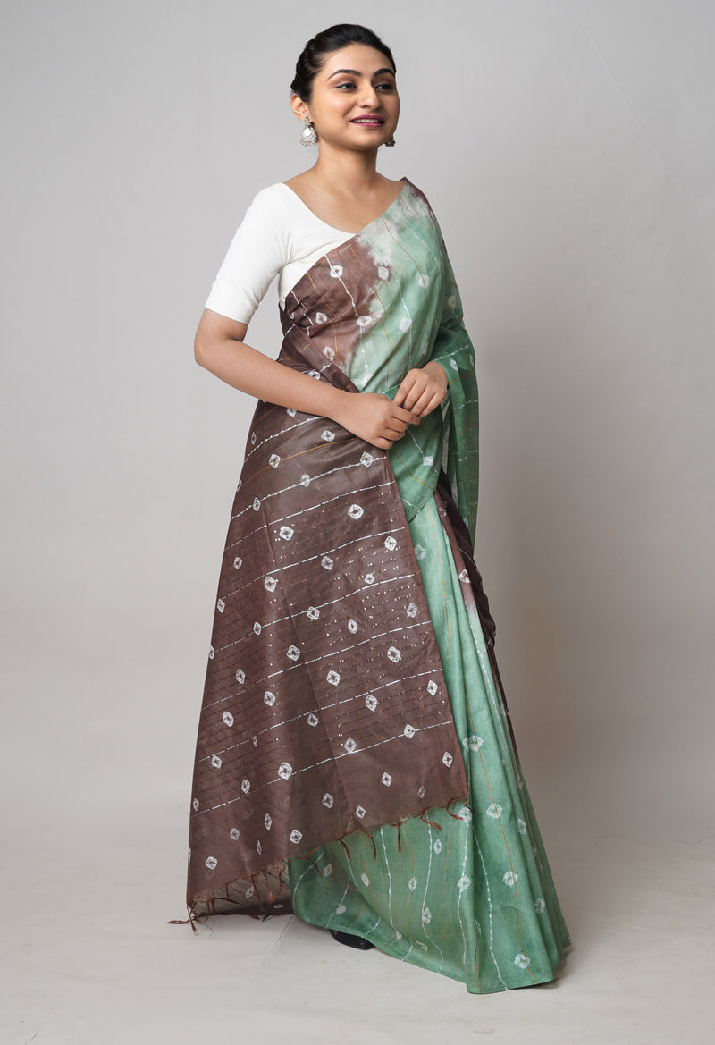 Mint GreenChocolate Brown  Tie And Dye Shibori Sico Saree-UNM73717