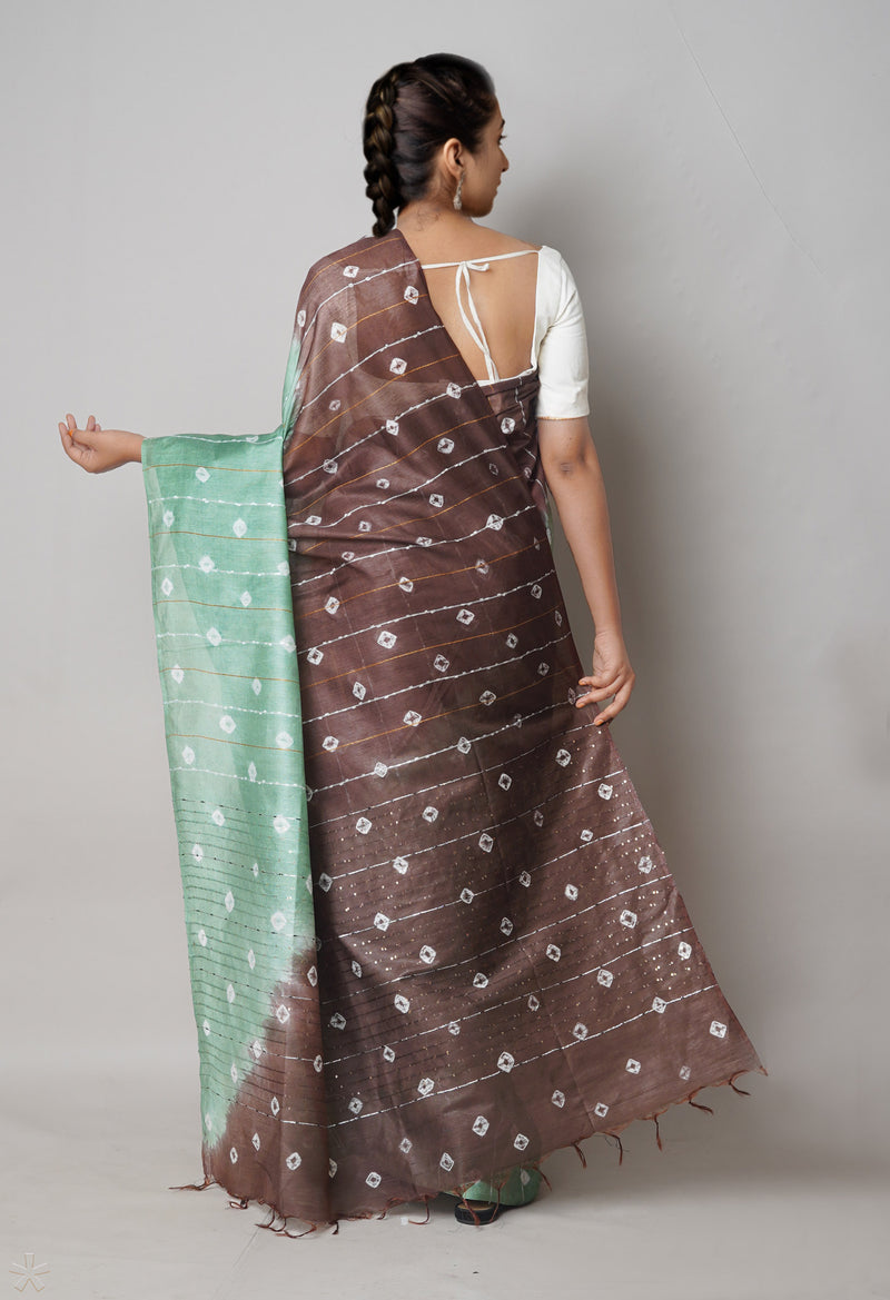 Mint GreenChocolate Brown  Tie And Dye Shibori Sico Saree-UNM73717