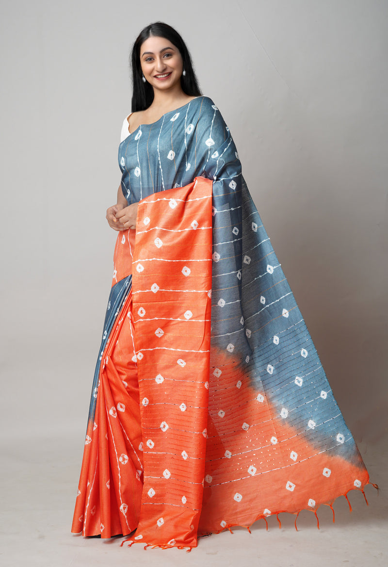 Orange-Grey  Tie And Dye Shibori Sico Saree-UNM73718