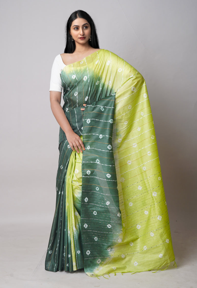 Olive GreenLight Green  Tie And Dye Shibori Sico Saree-UNM73721