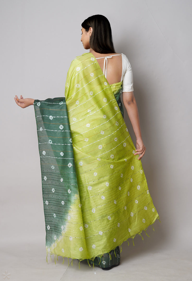 Olive GreenLight Green  Tie And Dye Shibori Sico Saree-UNM73721