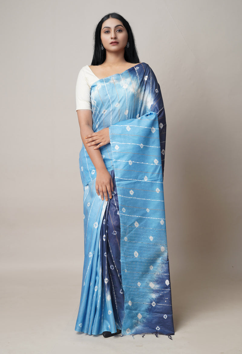 Light BlueNavy Blue  Tie And Dye Shibori Sico Saree-UNM73724