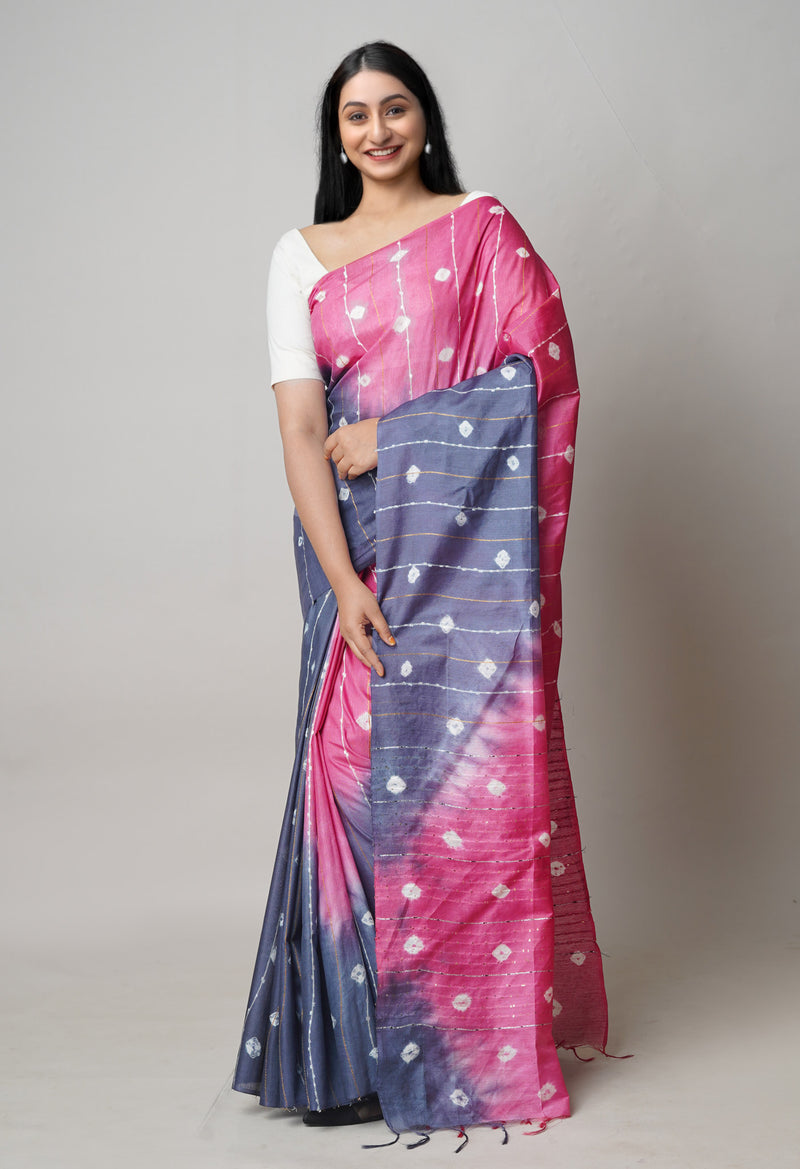 Bluish Grey-Pink  Tie And Dye Shibori Sico Saree-UNM73726