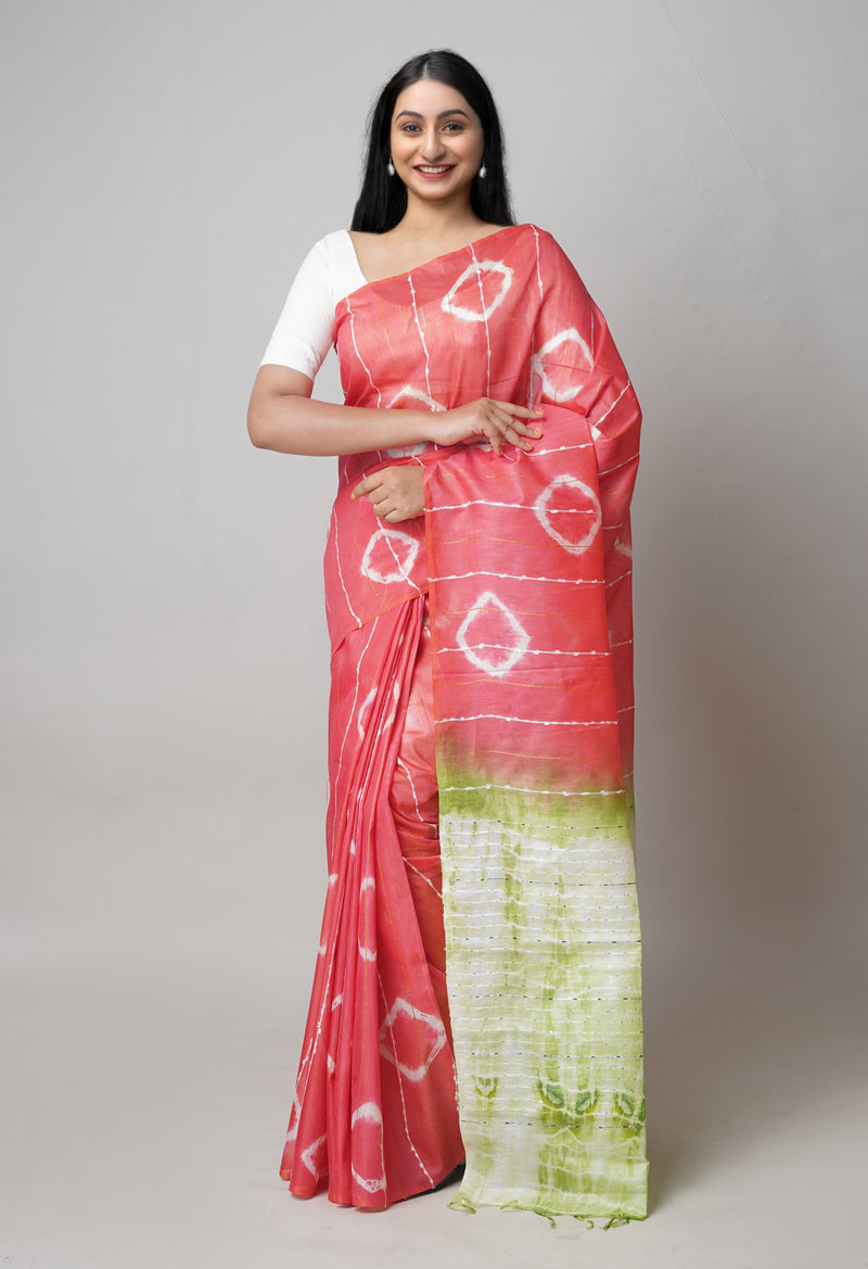 Coral Red  Tie And Dye Shibori Sico Saree-UNM73730