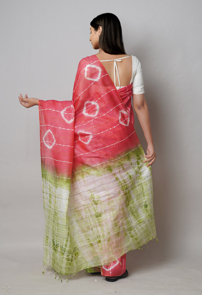 Coral Red  Tie And Dye Shibori Sico Saree-UNM73730