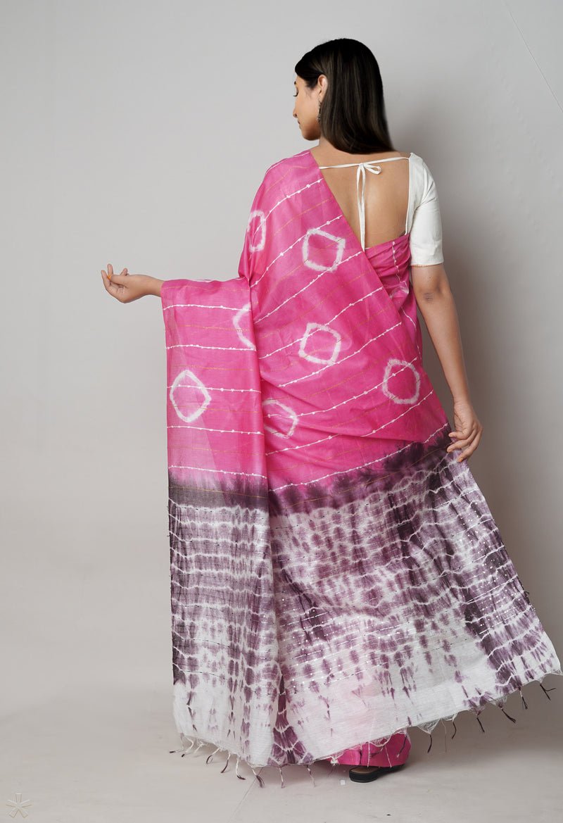 Pink  Tie And Dye Shibori Sico Saree-UNM73733