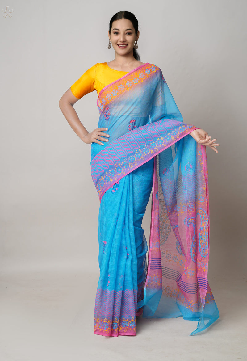 Blue  Pure Dyed Printed Kota Cotton Cotton Saree-UNM73741