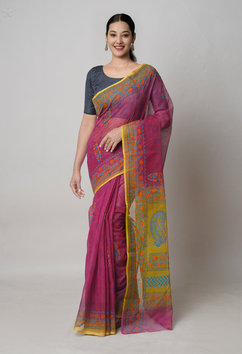 Burgundy  Pure Dyed Printed Kota Cotton Cotton Saree-UNM73742