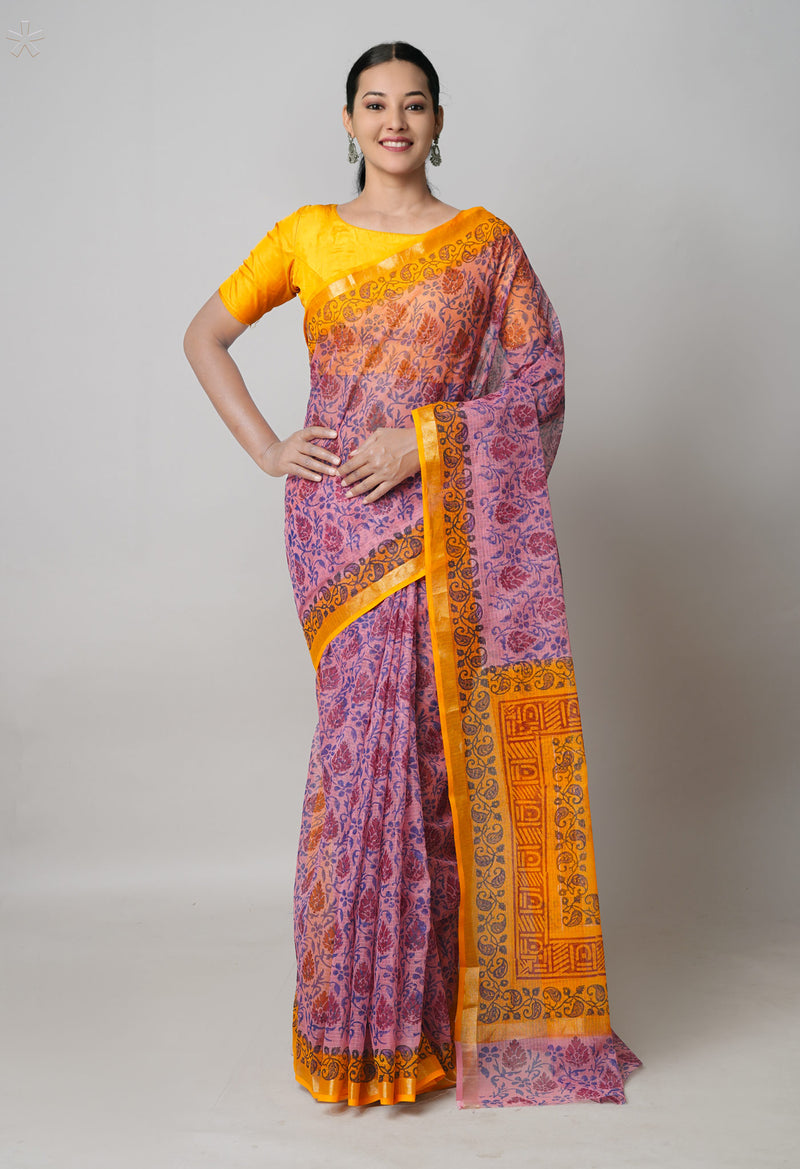 Peach Pink  Pure Dyed Printed Kota Cotton Cotton Saree-UNM73752