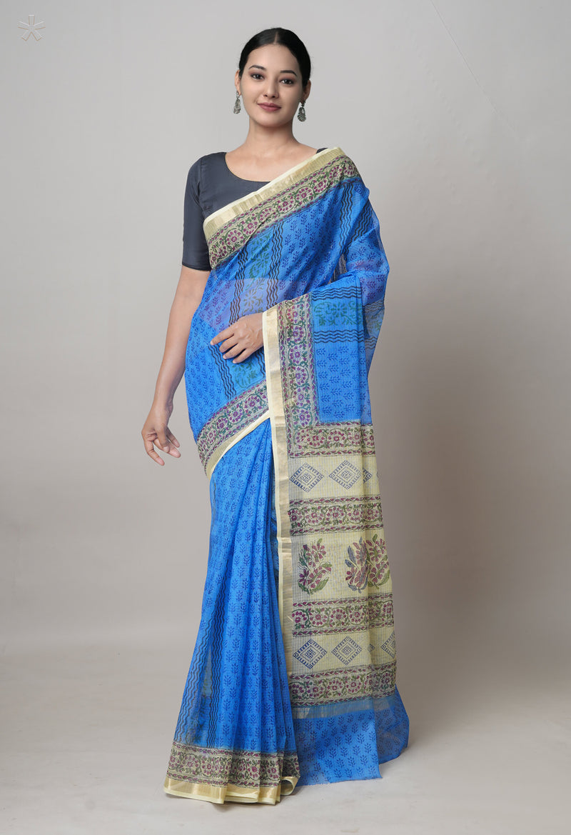 Blue  Pure Dyed Printed Kota Cotton Cotton Saree-UNM73754