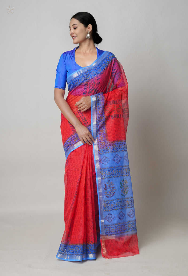 Red  Pure Dyed Printed Kota Cotton Cotton Saree-UNM73765