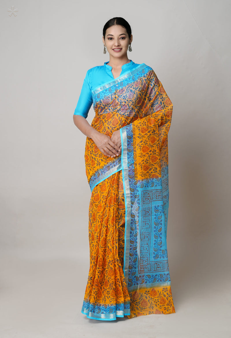Orange  Pure Dyed Printed Kota Cotton Cotton Saree-UNM73766