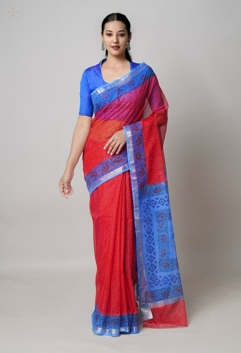 Red  Pure Dyed Printed Kota Cotton Cotton Saree-UNM73768