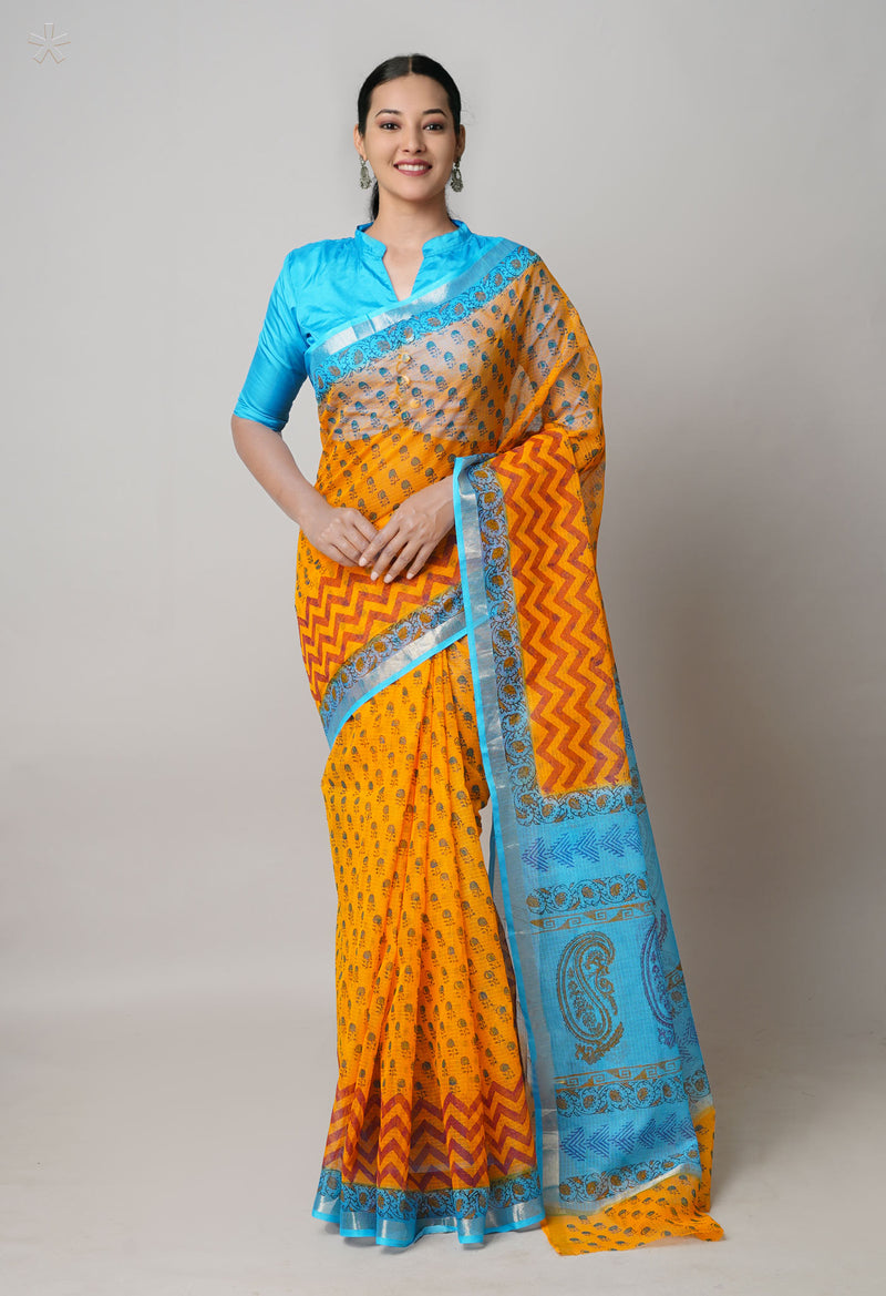 Yellow  Pure Dyed Printed Kota Cotton Cotton Saree-UNM73769