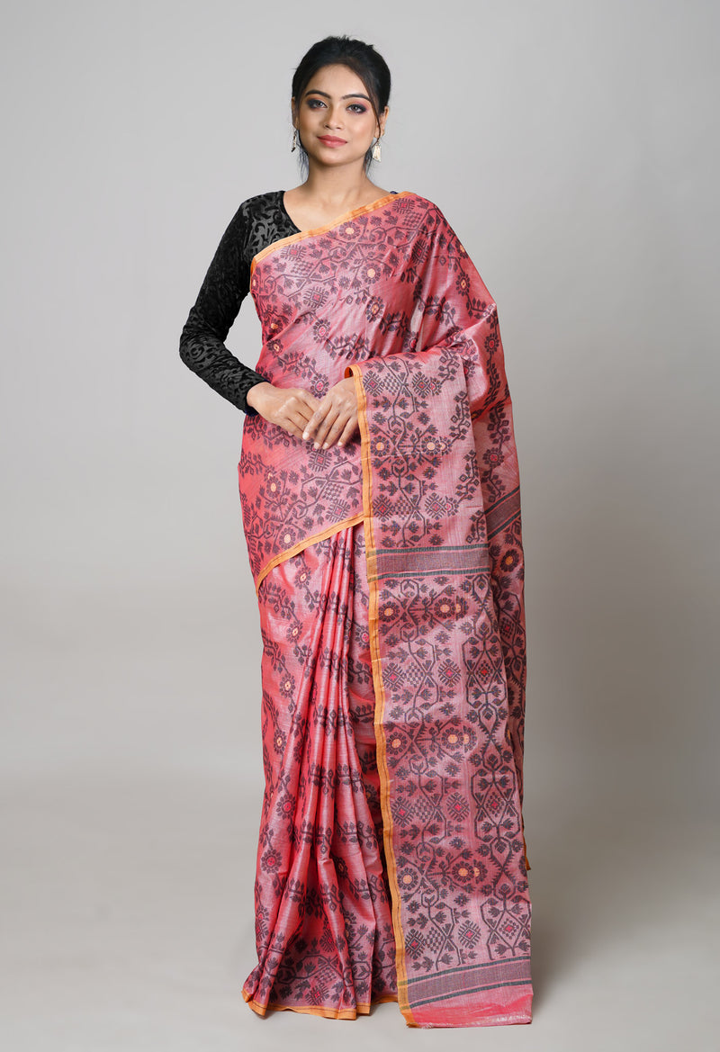 Peach Pink Pure Handloom Tussar Jamdhani Bengal Cotton Saree-UNM73816