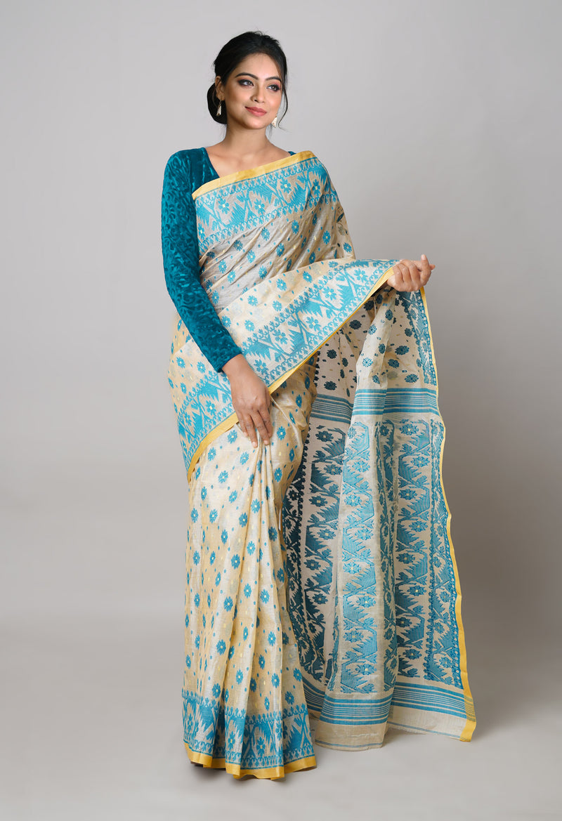 Cream Pure Handloom Tussar Jamdhani Bengal Cotton Saree-UNM73817